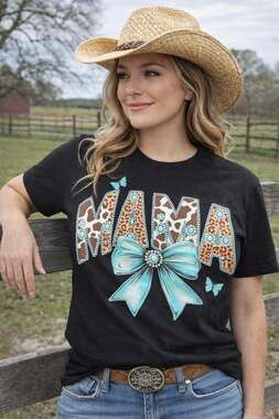Cowhide Coquette Mama Western Short Sleeve T-Shirt with Turquoise Bow